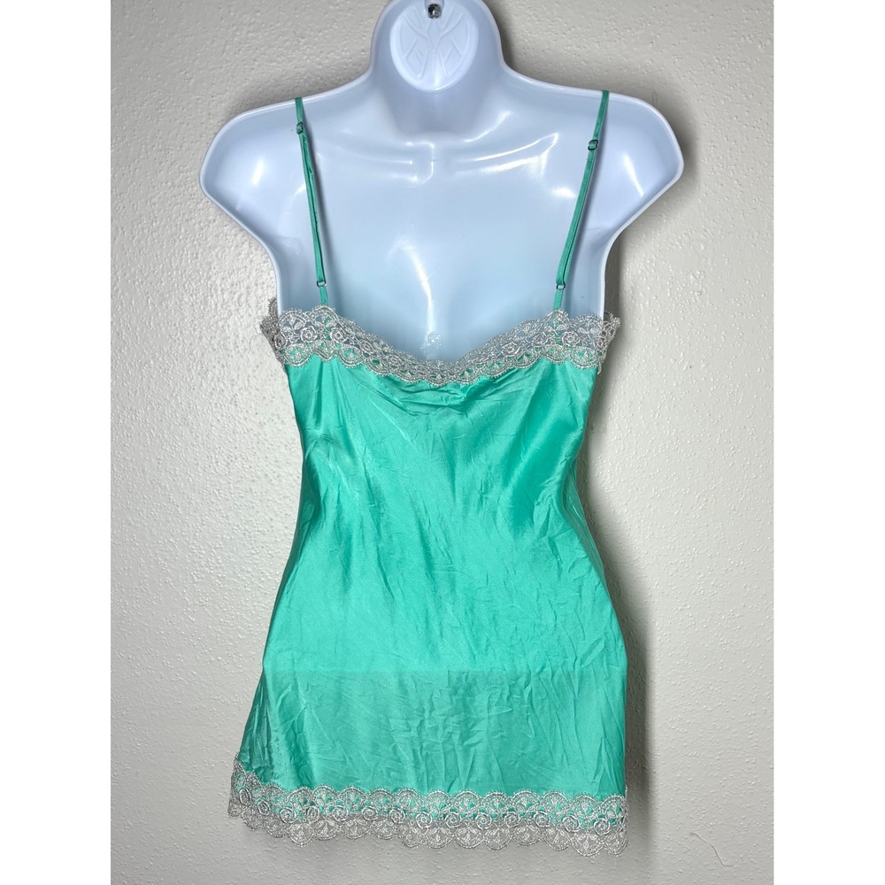 VTG Charlotte Y2K Seafoam Green 100% Silk Cami Top Medium Crochet Trim EUC - Picture 2 of 7